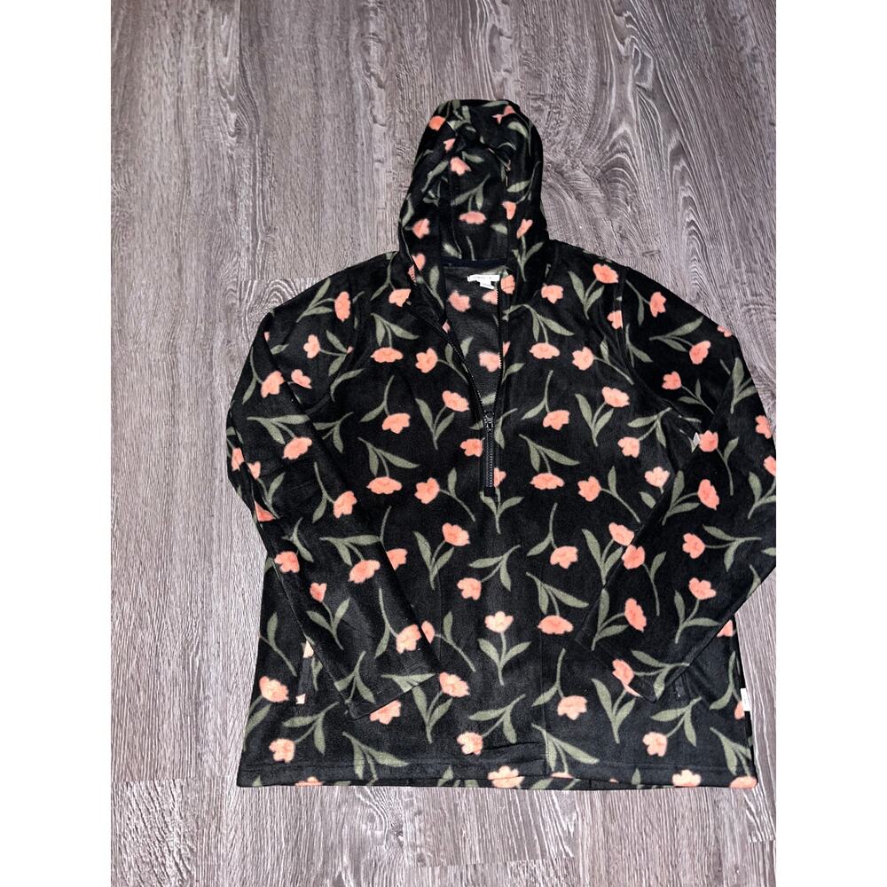 O’Neill Floral Fleece Hoodie Pullover Women’s L Black Pink Green 1/4 Zip (382)